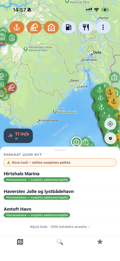 Saaristo näyttää Norjan rannikon kartalla kovan tuulen tilanteessa suojaisia vierassatamia.